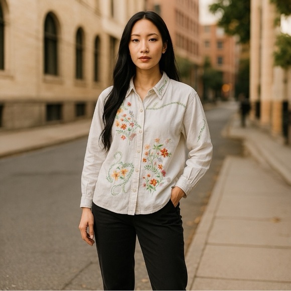 Carole Little White Shirt with Colorful Floral Embroidery - NWOT - Picture 1 of 5
